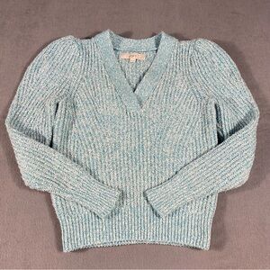 LOFT Petite Women's Light Blue/Teal Marble Knit V-Neck Puff Sleeves Sweater, XSP